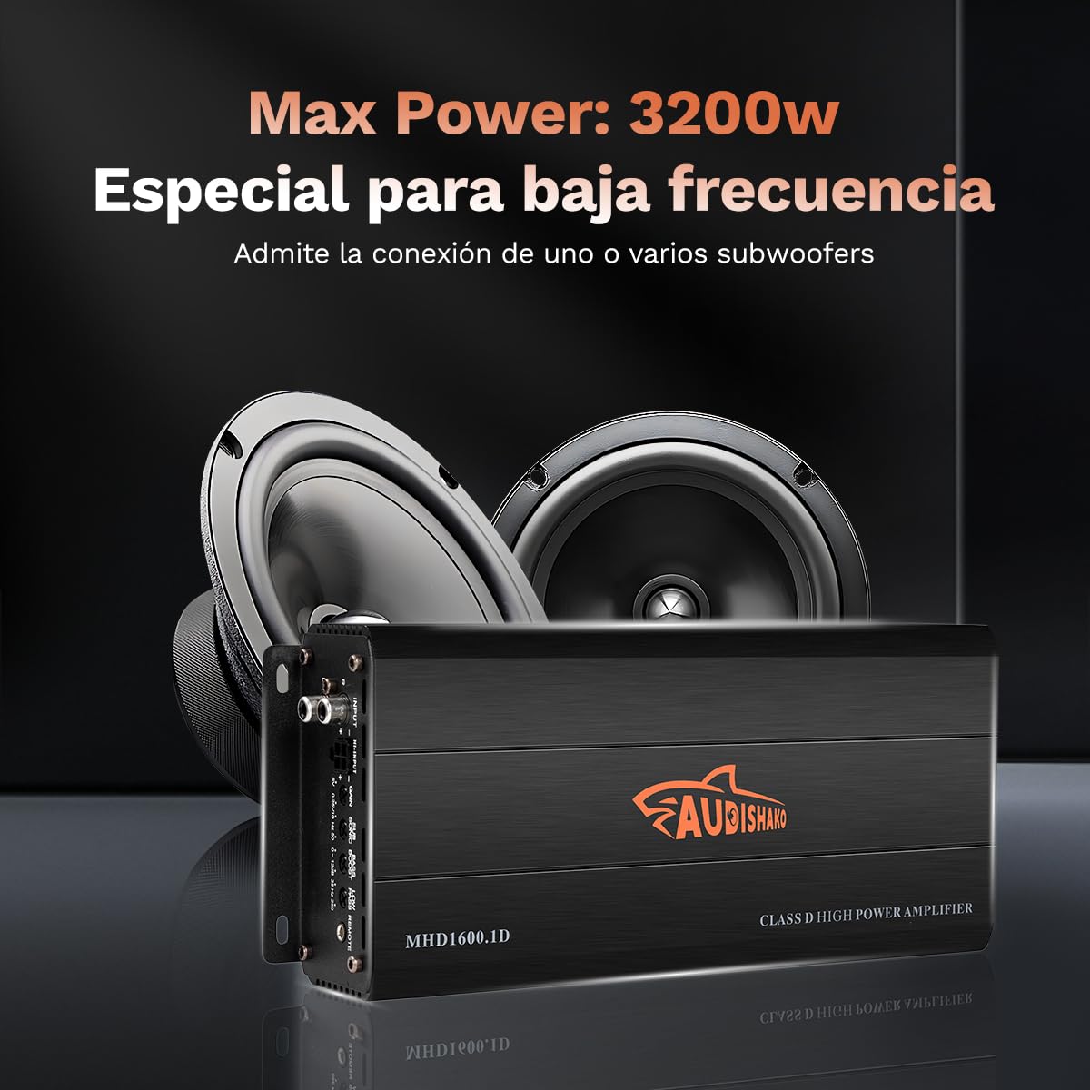 AUDISHAKO 3200W Amplificador de Audio para Coche de 1 Canal,Amplificador para Auto de Clase D, 2 Ohm 800W Subwoofer Amplificador para Motocicletas, Coches Deportivos y Otros Sistemas de Audio