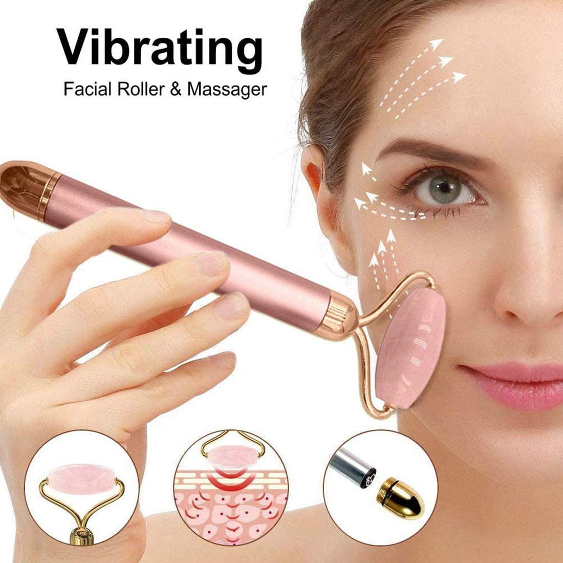 Rodillo de jade eléctrico y masajeador facial, masajeador facial de cuarzo rosa, rodillo facial para mejillas, adelgazante 2 en 1, herramientas de cuidado de la piel, levantamiento facial, antienvejecimiento, apriete de la piel