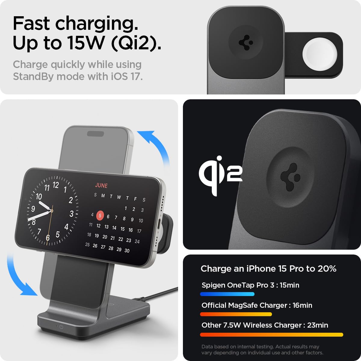 Soporte de Carga Inalámbrico Spigen OneTap Pro Blanco 3 en 1 MagFit 15W para iPhone y Apple Watch