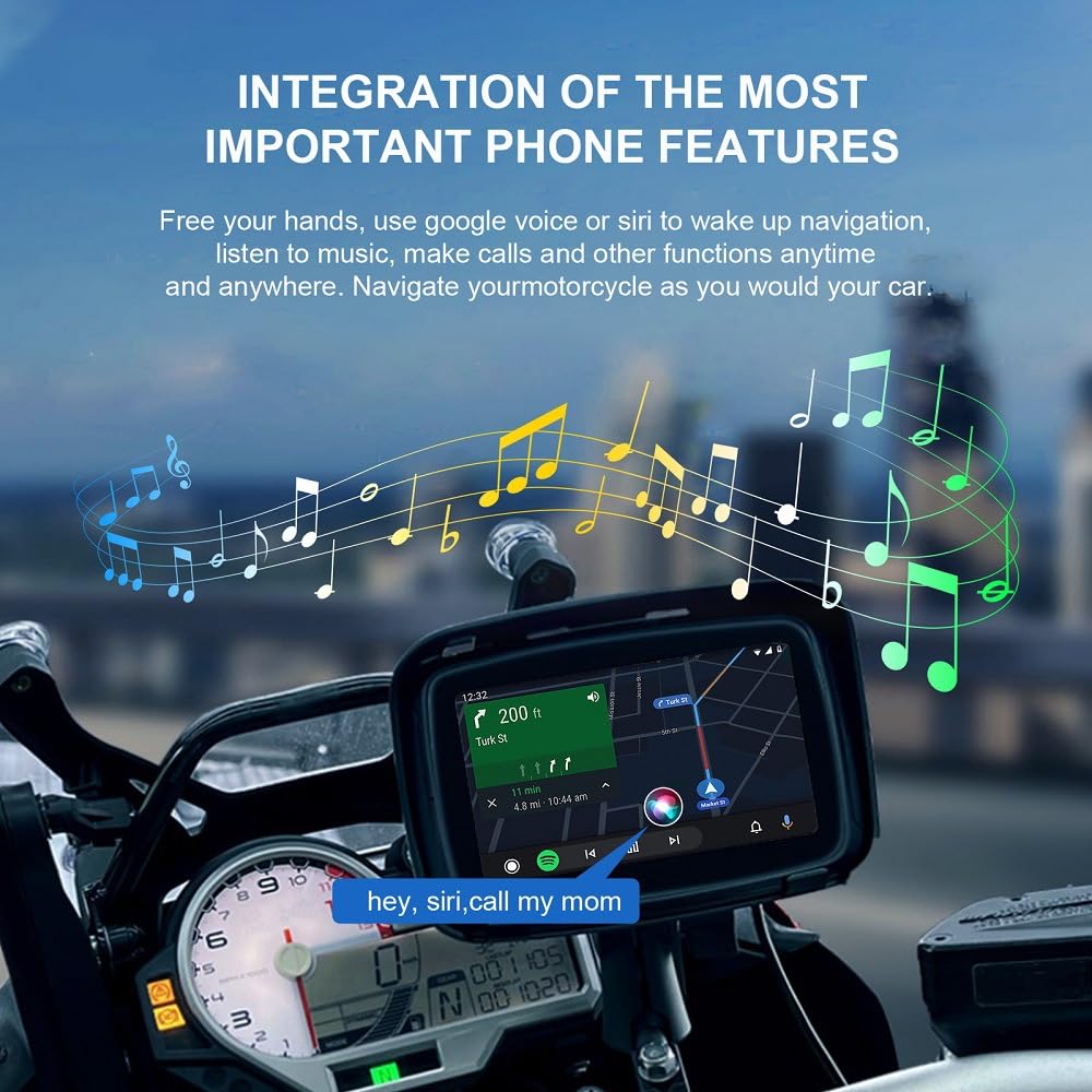 Sunweyer CarPlay portátil inalámbrico Android Auto para motocicleta, pantalla táctil impermeable IPX7 de 12.7 cm (5 pulgadas), navegación GPS automática, Bluetooth dual 5G, compatible con Siri/Google