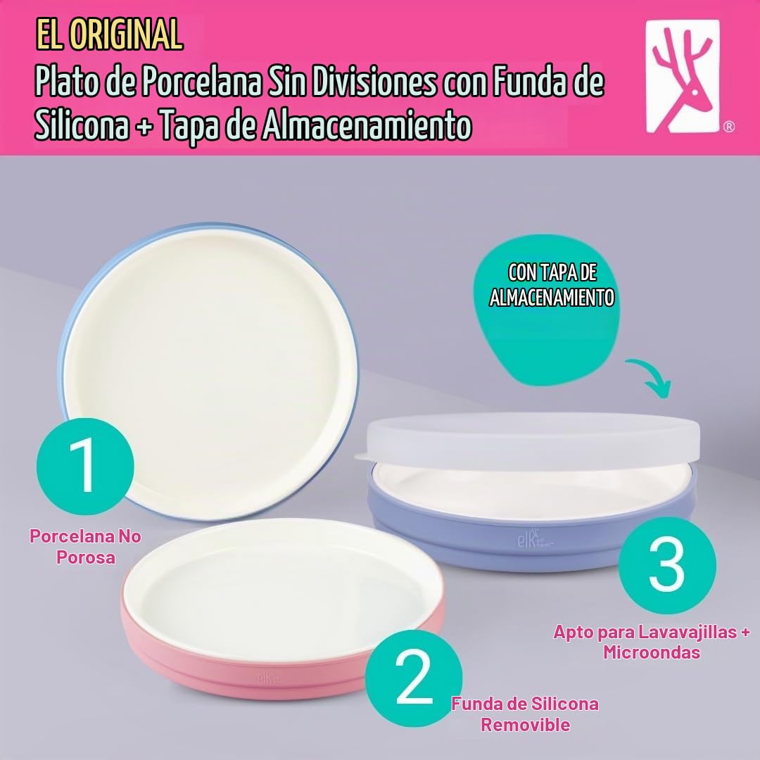 Elk and Friends Kids - Platos blancos de porcelana de 7.8 pulgadas con mangas de silicona + tapas, adecuados para bebés/niños pequeños, aptos para microondas y lavaplatos, vajilla antideslizante