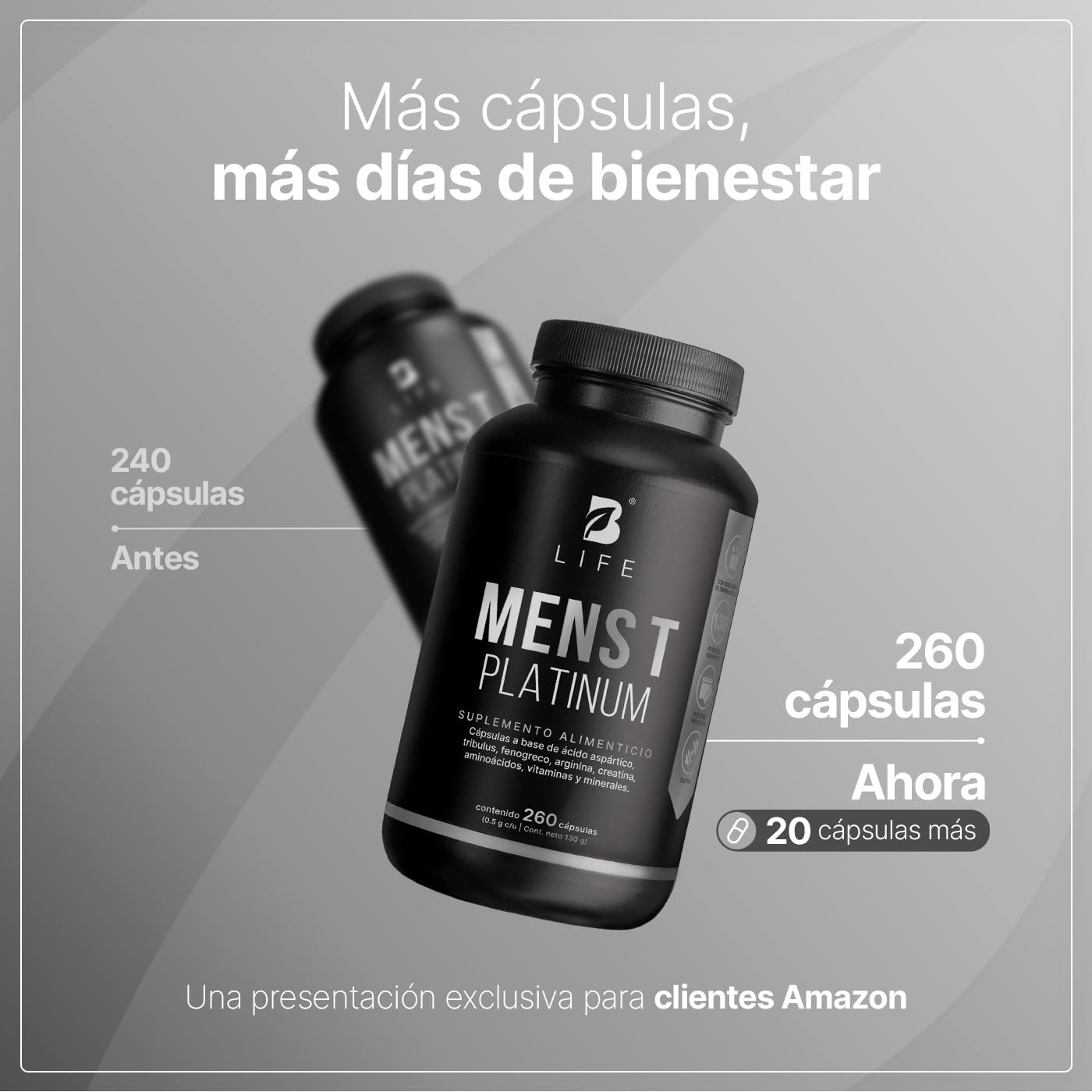 B Life | Fórmula Avanzada Platinum para Hombre | 260 Cápsulas 4000 mg por porción. Fenogreco, Creatina, Aminoácidos, Vitaminas y Minerales. Ingredientes naturales. Mens T Platinum.