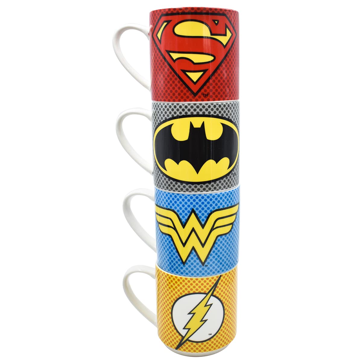 FUNKIDS Juego de 4 Tarros de Porcelana Apilables, Tazas para Cafe de 330 ml, Multicolor (DC Comics)