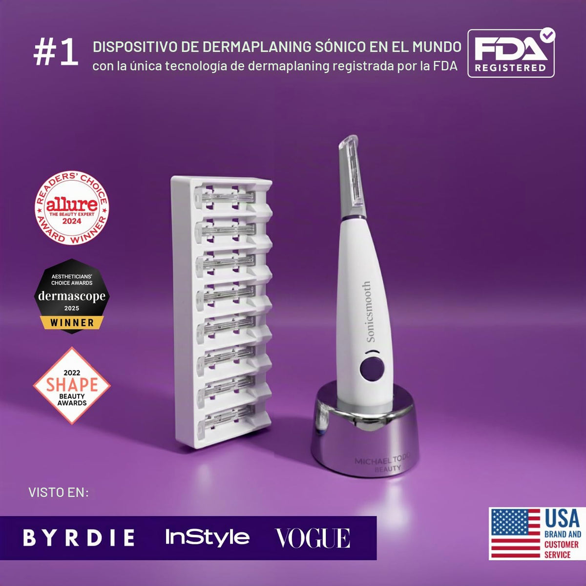 Michael Todd Beauty - Sonicsmooth Dermaplaning Tool - 2 en 1 Peach Fuzz Depilación Facial para Mujeres - Dermaplane - Recargable con suministro de 8 semanas