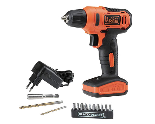 BLACK+DECKER Taladro Atornillador 3/8" (10mm), 12V, Incluye Cargador y 13 Accesorios, LD12S