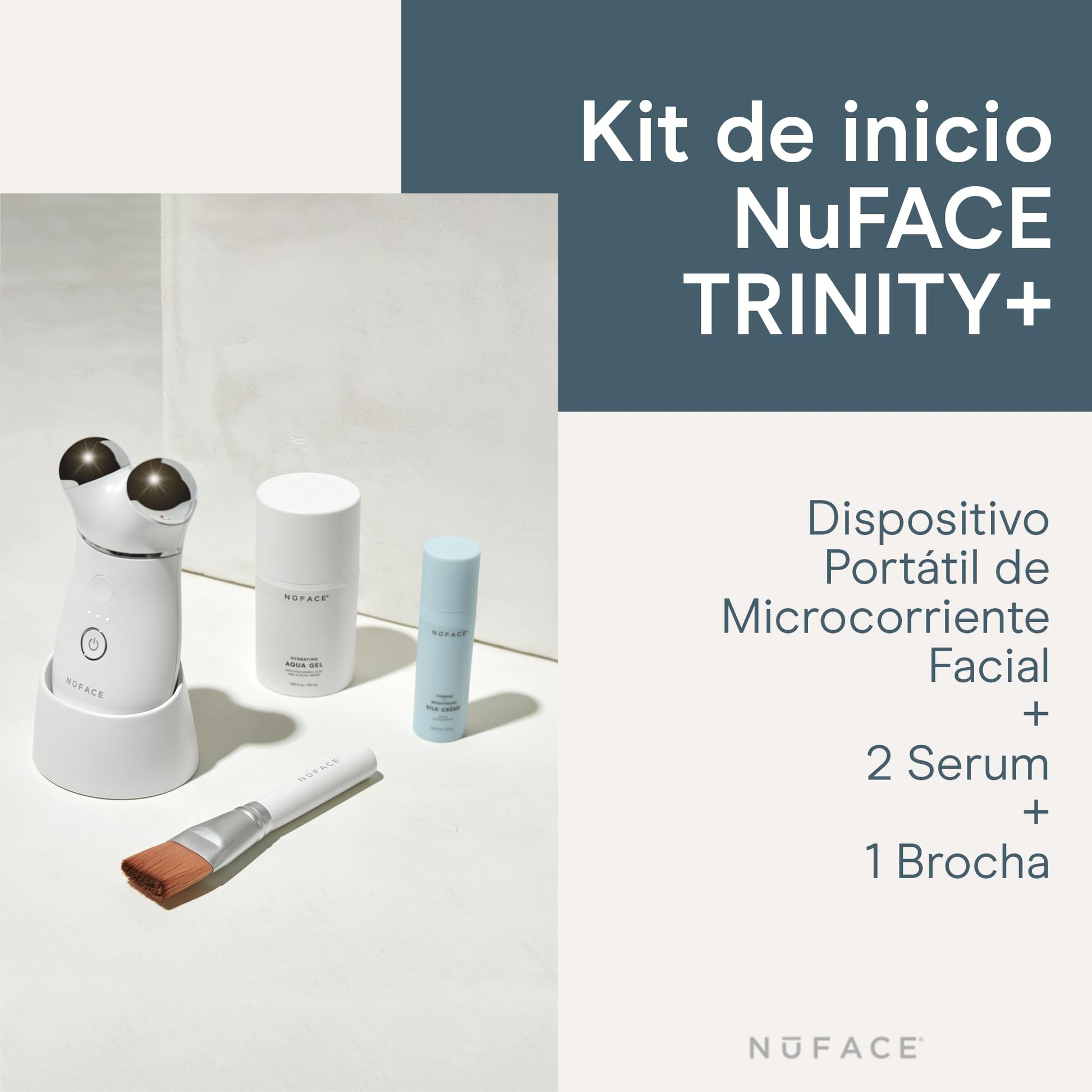 NUFACE | KIT DE INICIO TRINITY+ | Dispositivo Portátil Microcorriente Facial + 2 Serum y Brocha | Doble Polarización | Gel Hidratante Facial con Acido Hialuronico | Completa tu Rutina Skin Care