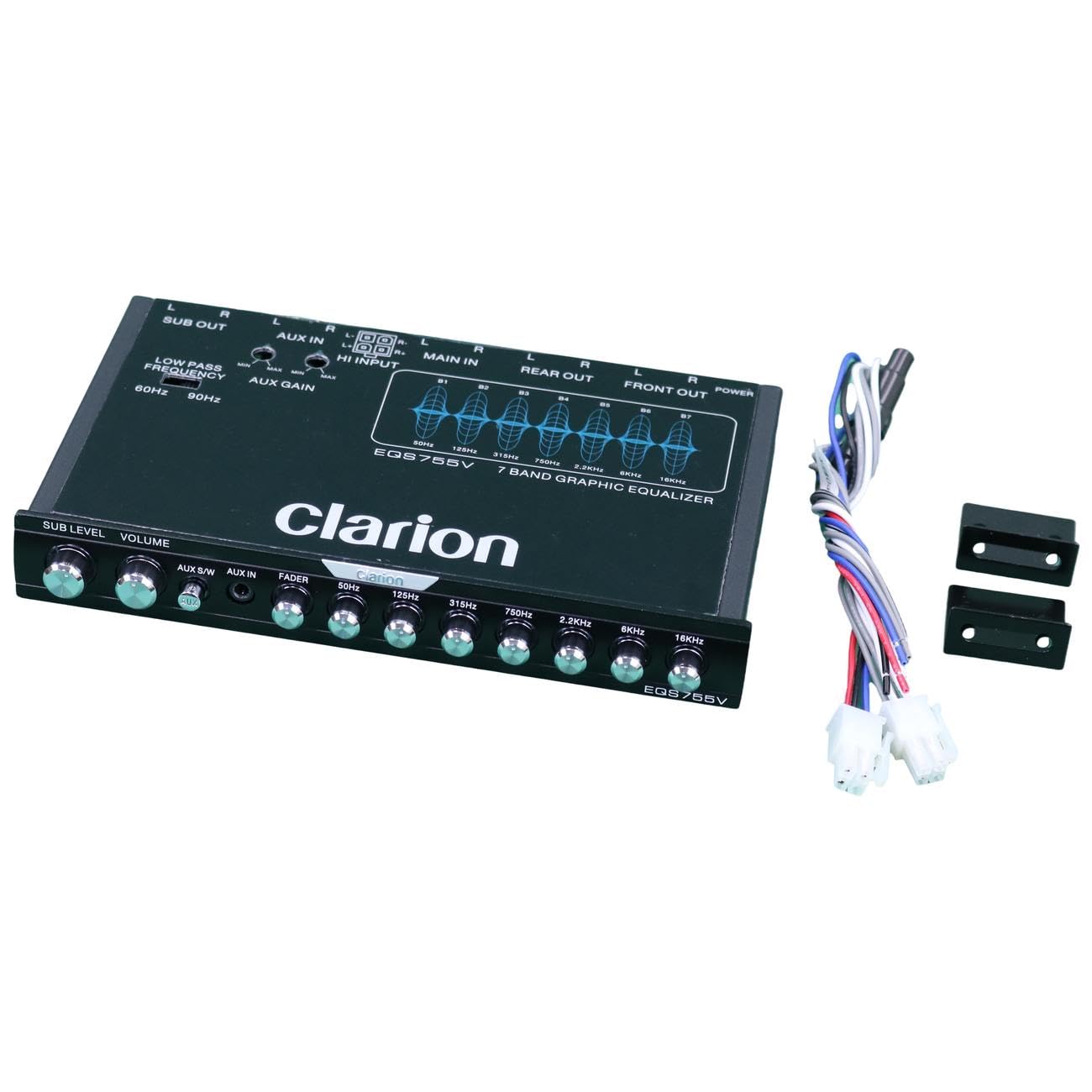 Clarion EQS755V 7 Bandas de Audio para Coche tamaño 1/2 DIN Ecualizador/Cruce gráfico de Coche con Entrada Auxiliar Frontal de 3,5 mm, Entrada Auxiliar RCA Trasera y entradas de Altavoz de Alto Nivel
