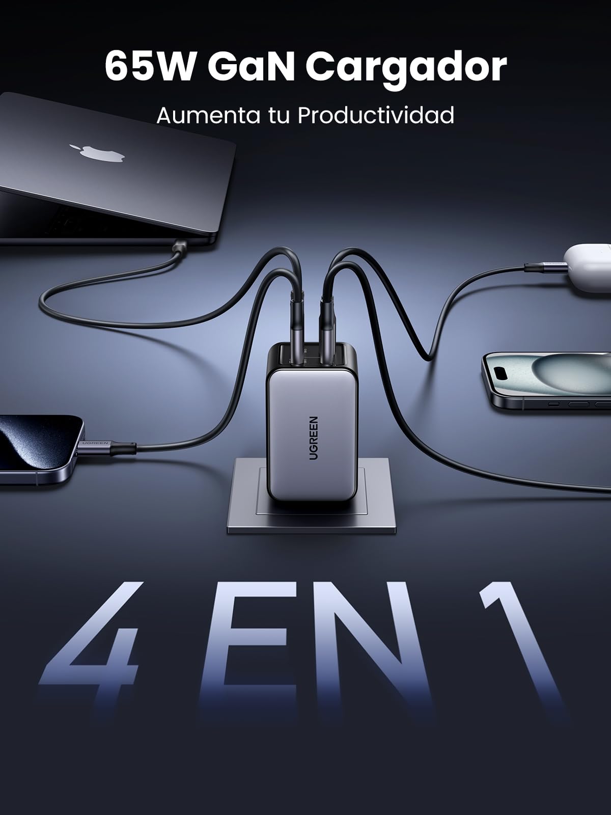 Cargador UGREEN Nexode X5 65W Negro con 4 Puertos USB C y A para Carga Rápida