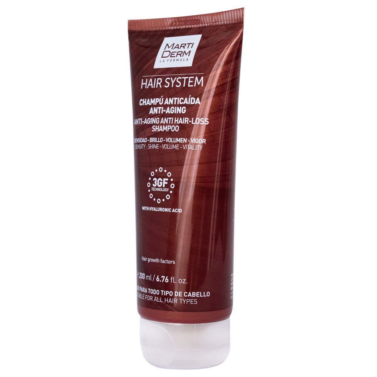 MartiDerm Hair System Champú/Shampoo Anticaída Antiaging. Factores de crecimiento capilar HGFx3 + Ácido hialurónico. Combate el envejecimiento capilar. Aporta densidad, brillo, volumen y vigor - 200 Ml