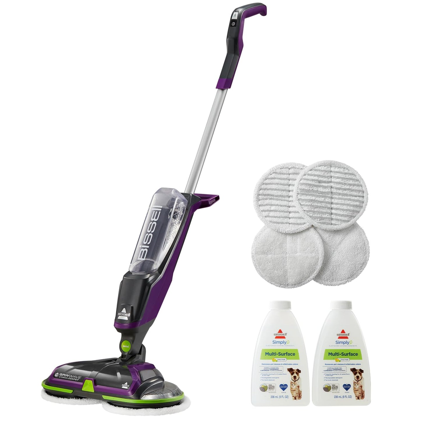 Bissell SpinWave 23157 - Mopa inalámbrica para Piso Duro, Color Verde y Plateado