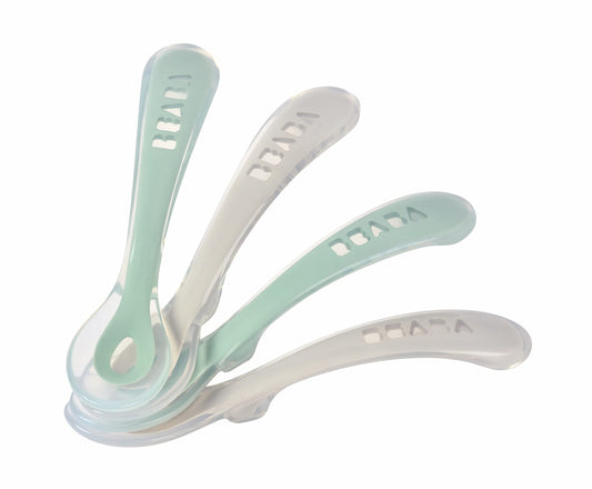 BEABA Cucharas de silicona de segunda etapa para bebés que se alimentan solos, las cucharas de silicona de punta blanda originales, sin ftalato de plomo BPA ni plástico, gran juego de regalo (paquete de 4) (salvia)
