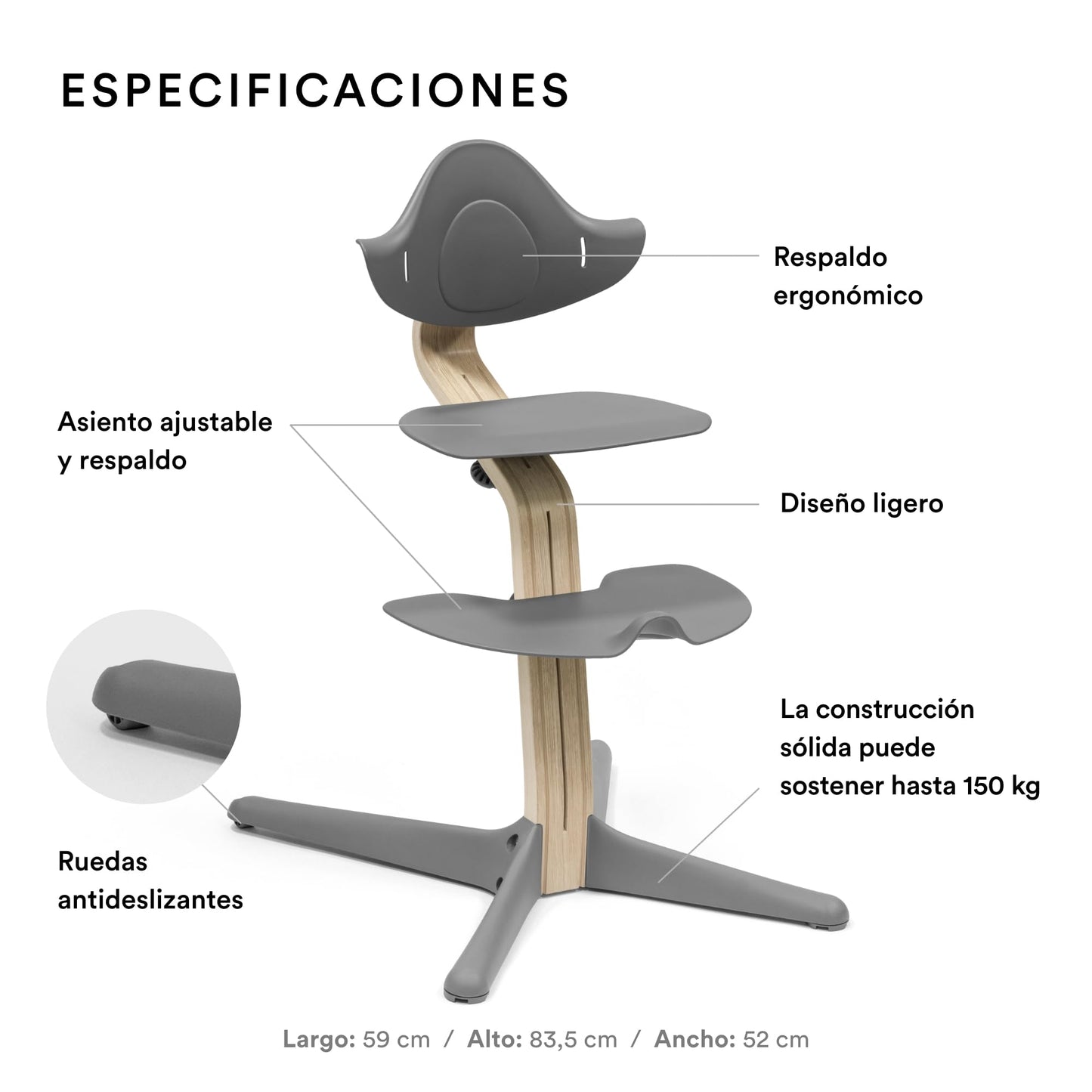 Silla Stokke Nomi, La silla que inspira a sentarse de forma activa - Sin herramientas, ajuste fácil - Incluye un reposapiés estable y ruedas antivuelco - Soporta hasta 150 kg (Gris)
