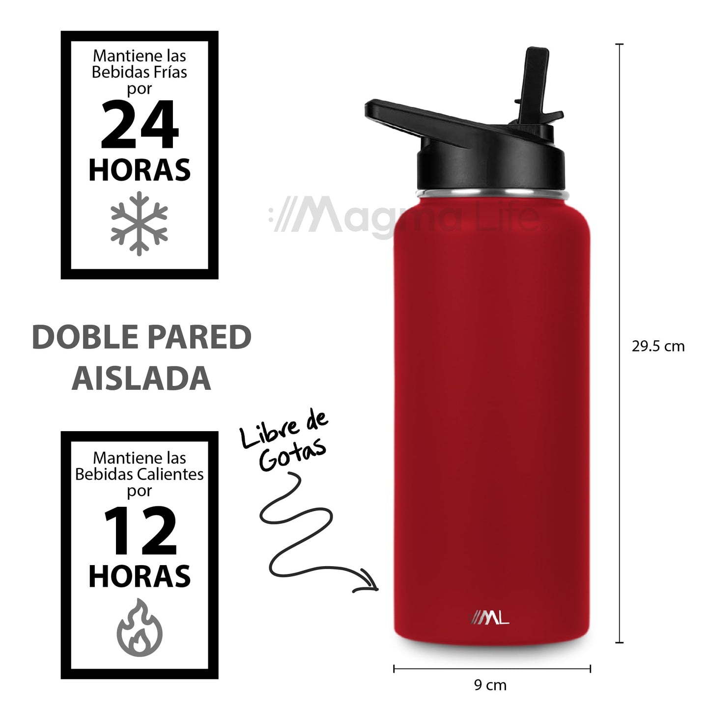 MAGMALIFE Termo de Acero Inoxidable 32 Oz (950 ml): Mantiene Caliente hasta 12 Horas y Frío hasta 24 Horas, Incluye 3 Tapas para Diferentes Bebidas, Rojo