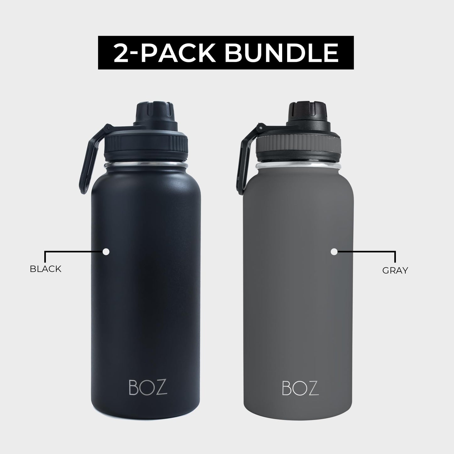 BOZ - Paquete de 2 botellas de agua de acero inoxidable, botella de agua gris + botella de agua negra, botellas de agua aisladas al aspiradora, 32 onzas, botellas de agua deportivas sin BPA para