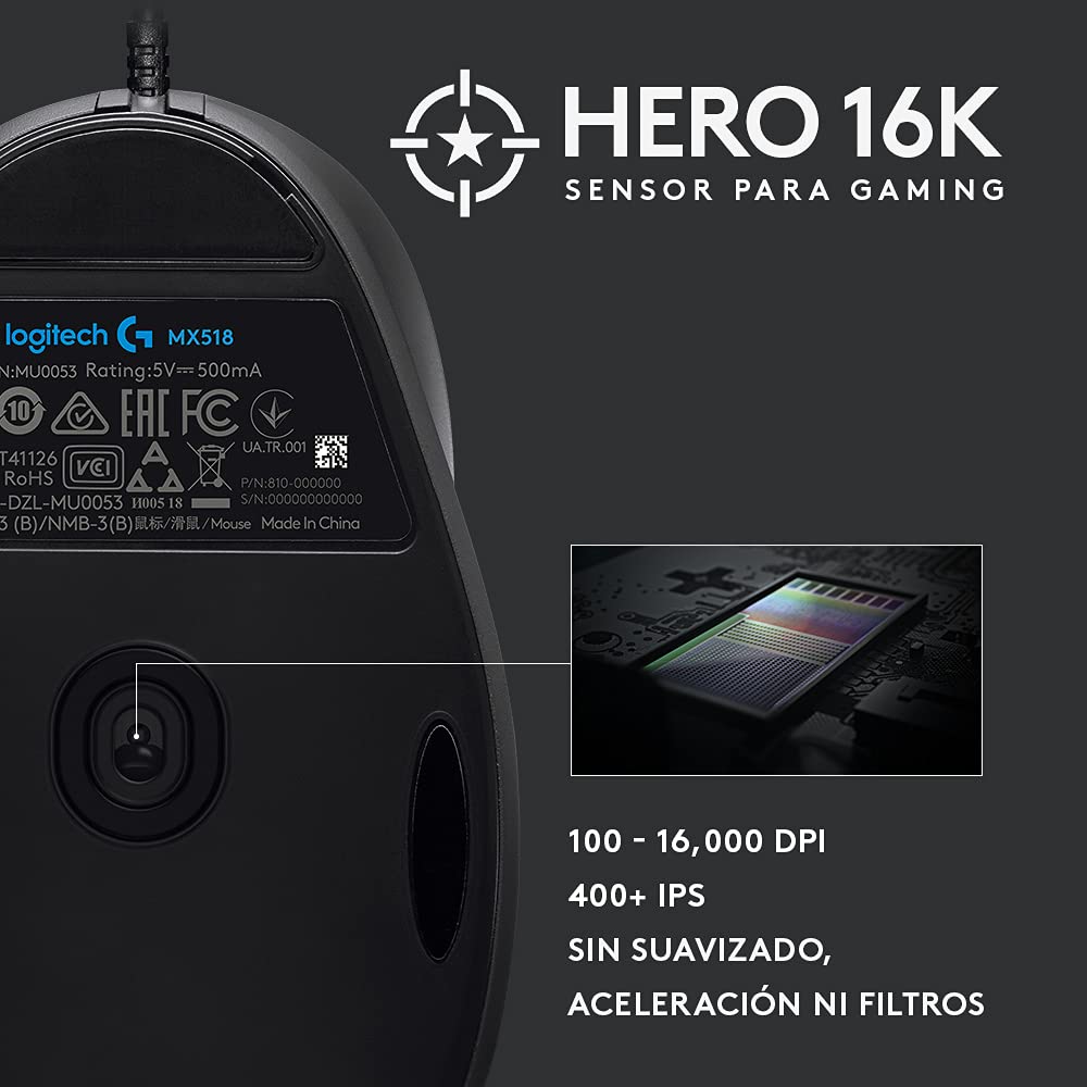 Logitech G MX518 Mouse Gaming con Cable, Captor HERO 25K, 25,600 DPI, ARM Procesador, 8 Botones programables, Compatible con PC/Mac - Negro/Gris