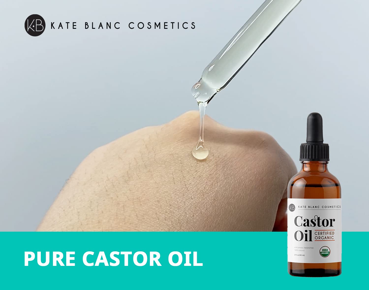 Castor Oil (2oz), USDA Certified Organic, 100% Pure, Cold Pressed, Hexane Free by Kate Blanc. Stimulate Growth for Eyelashes, Eyebrows, & Hair. Skin Moisturizer. FREE Starter Kit. 1-Year Guarantee.