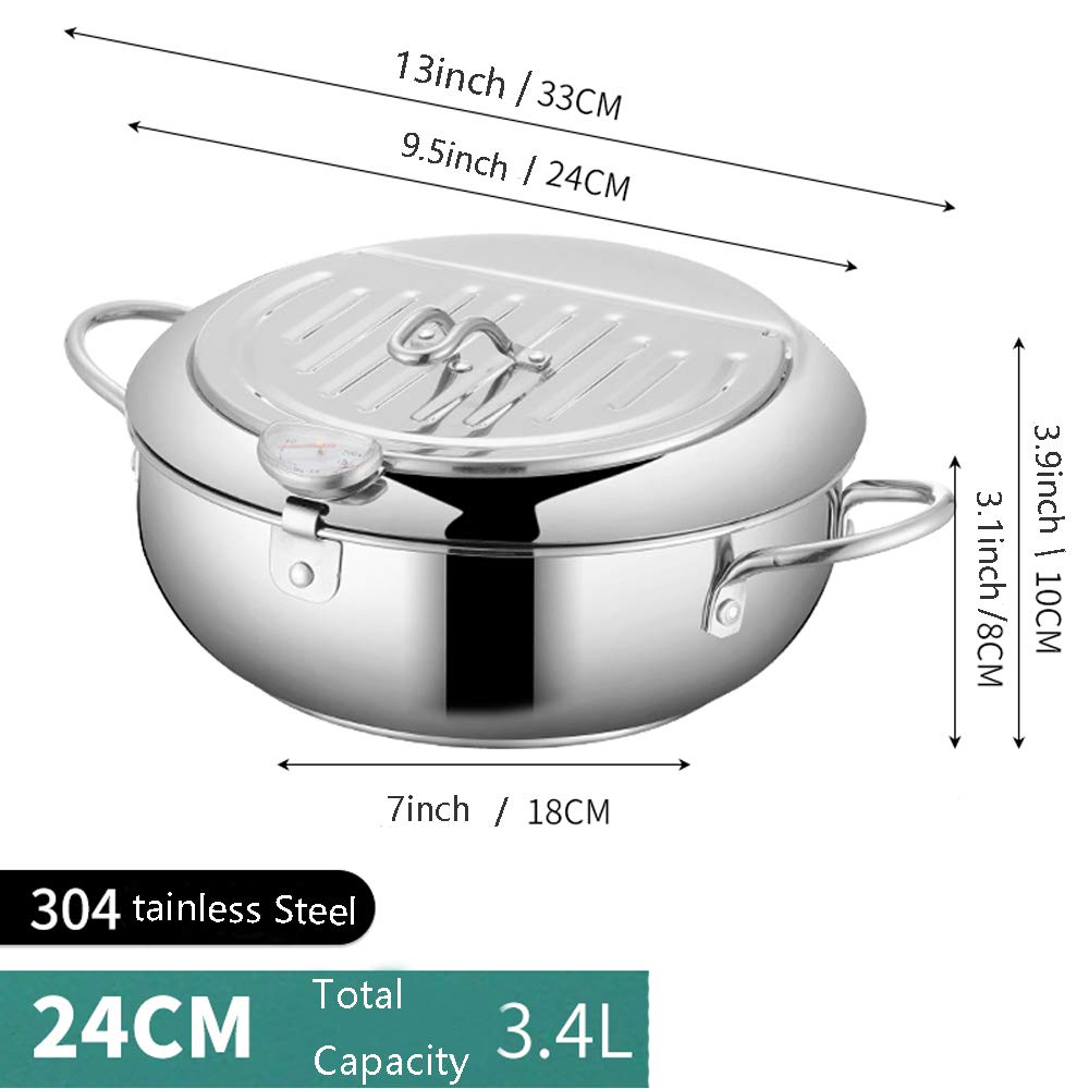 Olla para Freír Tempura Japonesa de Acero Inoxidable con Termómetro y Escurridor plateada, pequeña 24 cm
