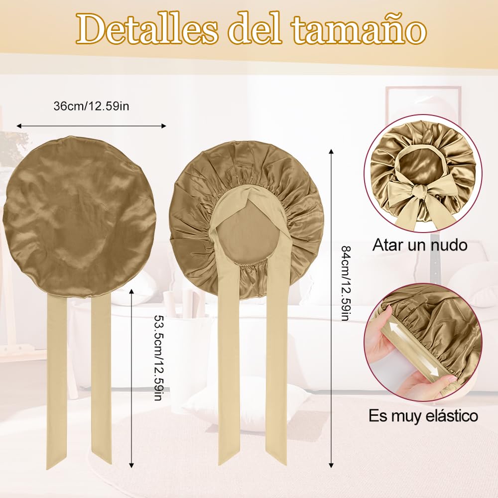 Gorro de Seda para Dormir, Para El Cabello Largo Bonnet Ajustable para Mujer，capó ajustable de satén，Capos grandes de seda satinada para dormir con correa de corbata, Adecuado para Dormir, Bañarse