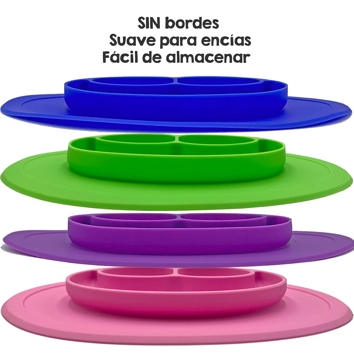 Bberizos| Plato Antideslizante Cuchara Suave Encías Set Alimentación de Silicona para Bebe Infantil con Divisiones para Niños Grado Alimenticio para Papillas Alimentos Sólidos Snakcs Sin BPA Sin PVC (Blue)
