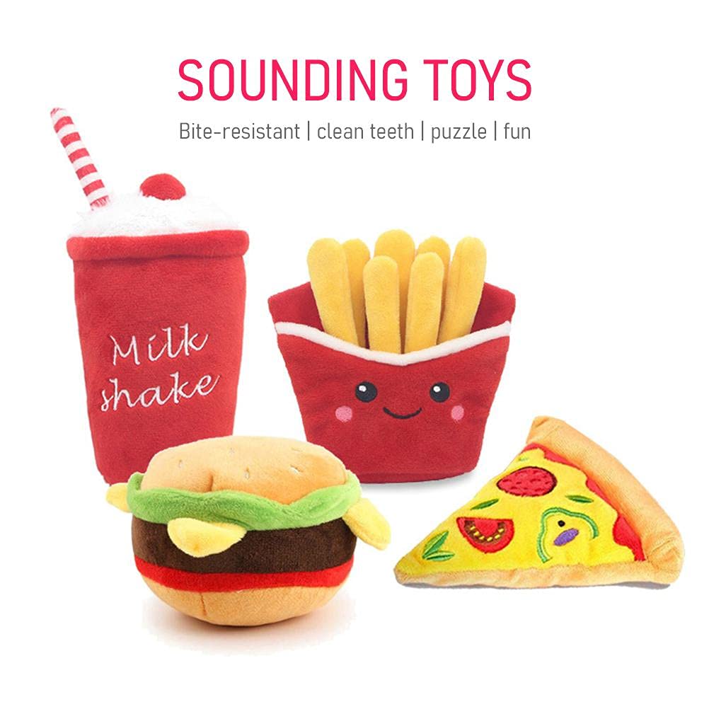Maedack Juguetes para perros – Duradero, relleno, lindo juguete para masticar y buscar perros – hamburguesas, papas fritas, pizza, batidos (pizza)
