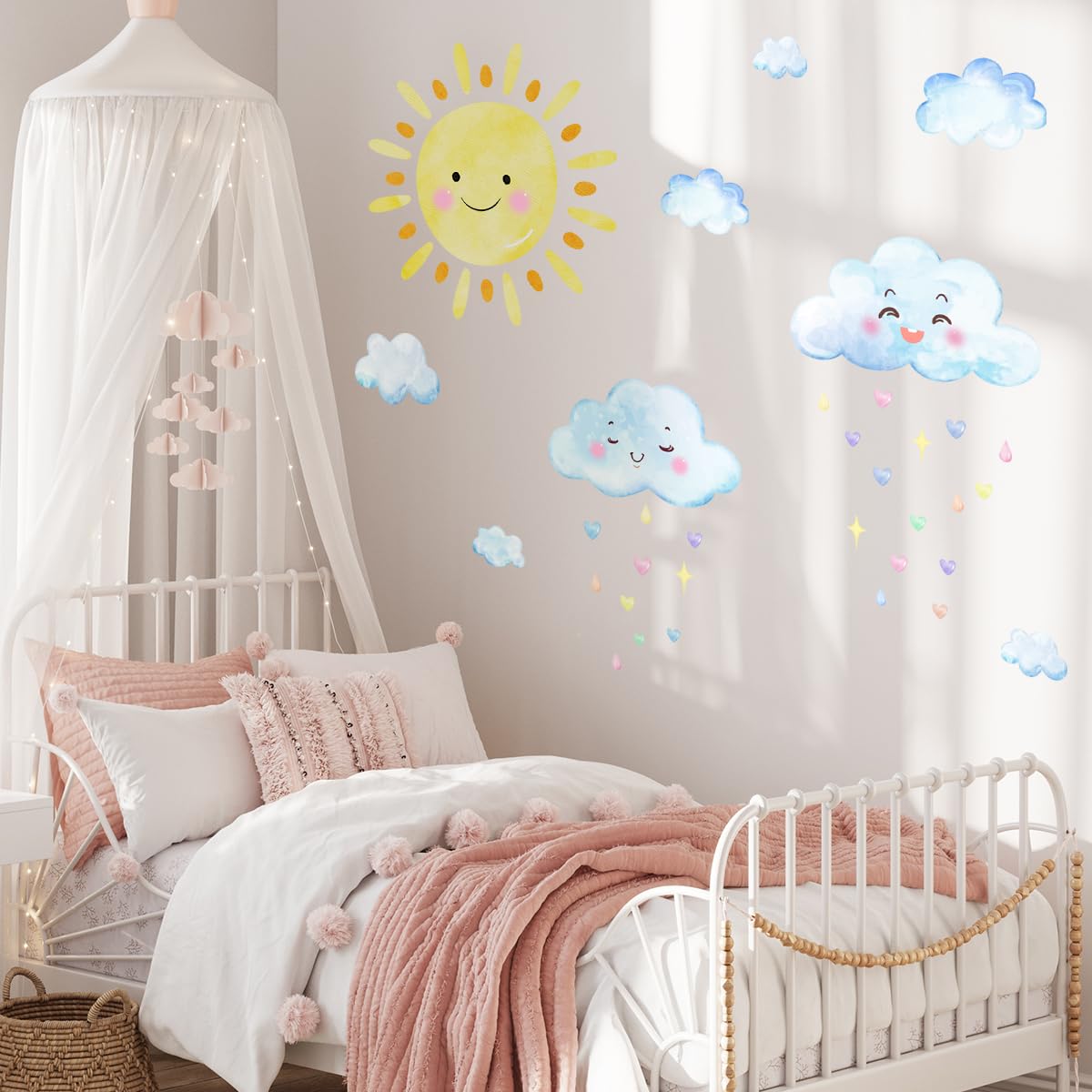 Grandes calcomanías de pared del sol, calcomanías de pared de nubes blancas de acuarela, decoración de habitación para niños y niñas, calcomanías de sol, calcomanías de pared removibles de sol y nubes