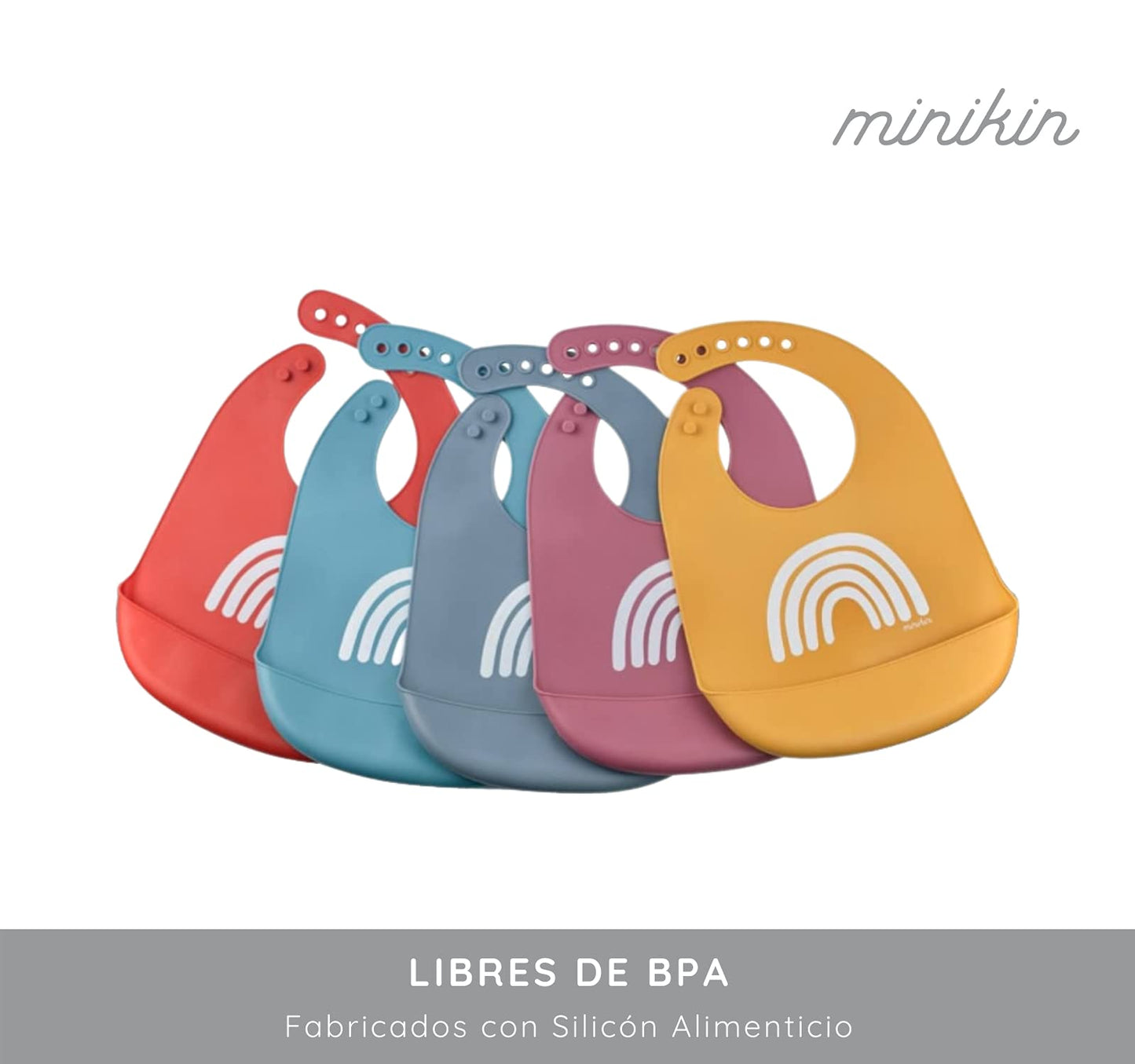 MINIKIN, Set de 2 Baberos Alimenticios de Silicón para Bebé, Suaves, Resistentes, Ajustables e Impermeables, Con Bolsillo para Migajas, Fáciles de Llimpiar, Diseño Hope Color Azul/Rojo