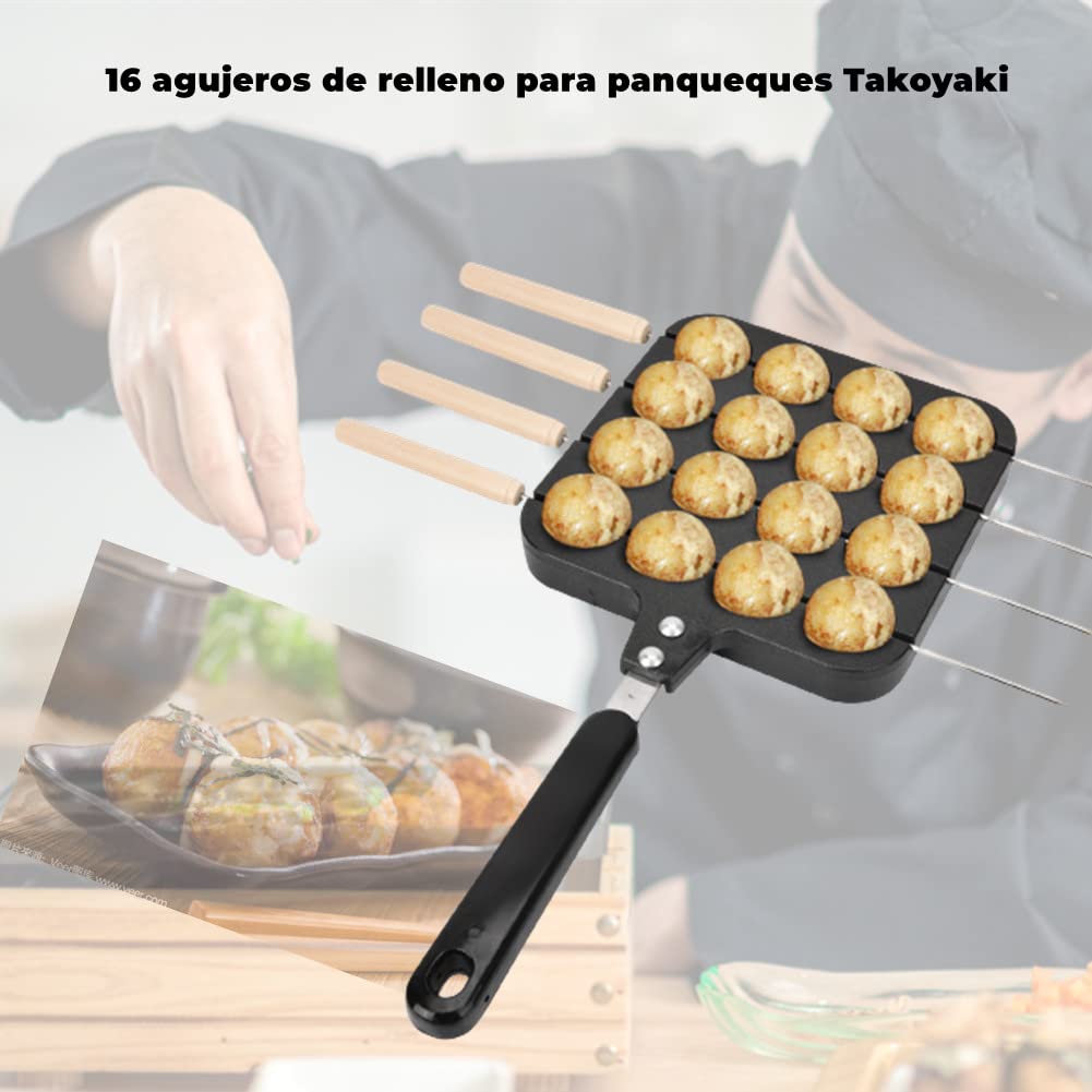 Plato Antiadherente para Parrilla Takoyaki Sólido con 16 Agujeros y 4 Pines para Hornear