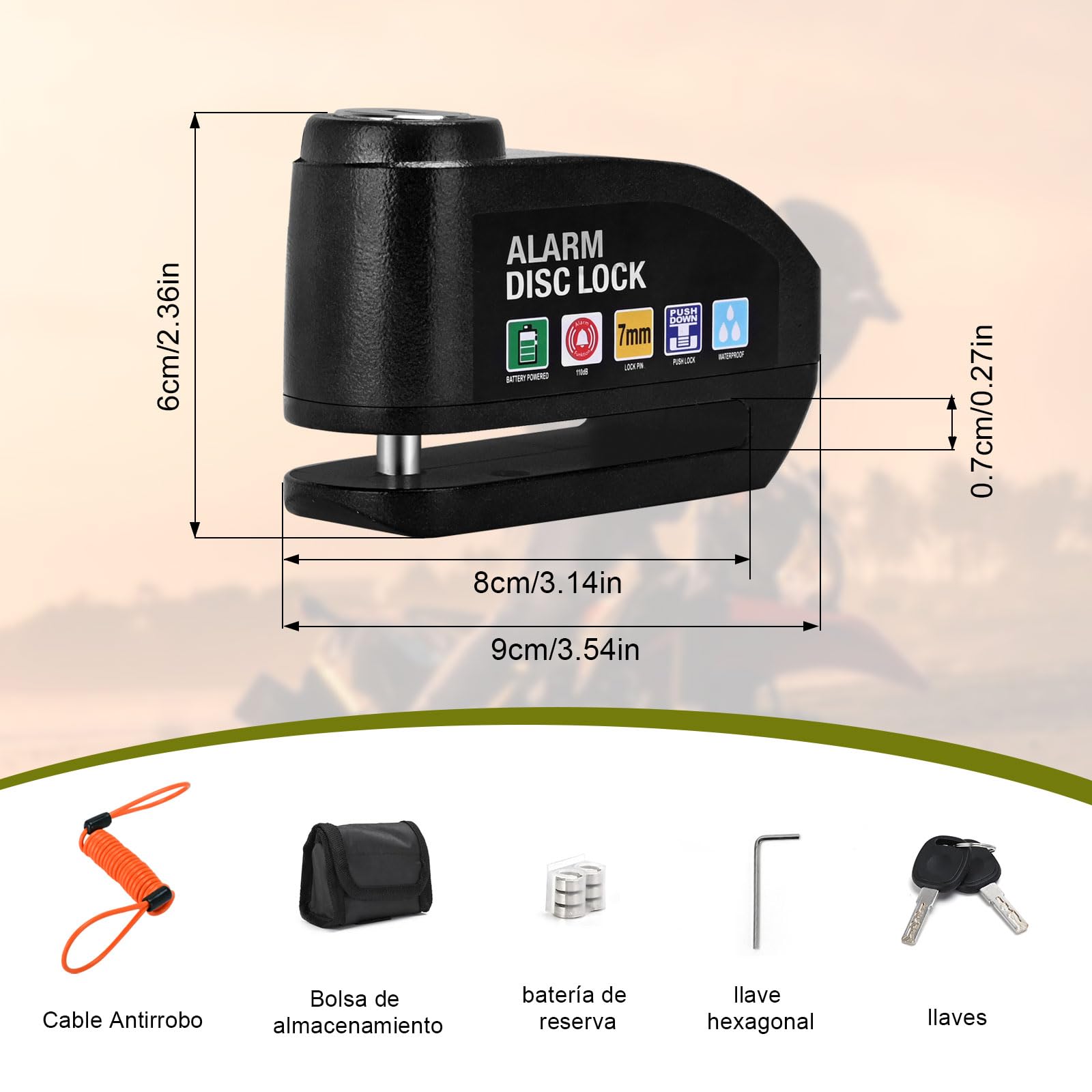 Kayoosi Candado de Alarma Para Moto, Alarma de Freno de Disco de 110 Db con Sensor de Movimiento y Cable de Alarma de 4,3 Pies, Impermeable y Antirrobo, Compatible con Vehículos con Llantas de Disco