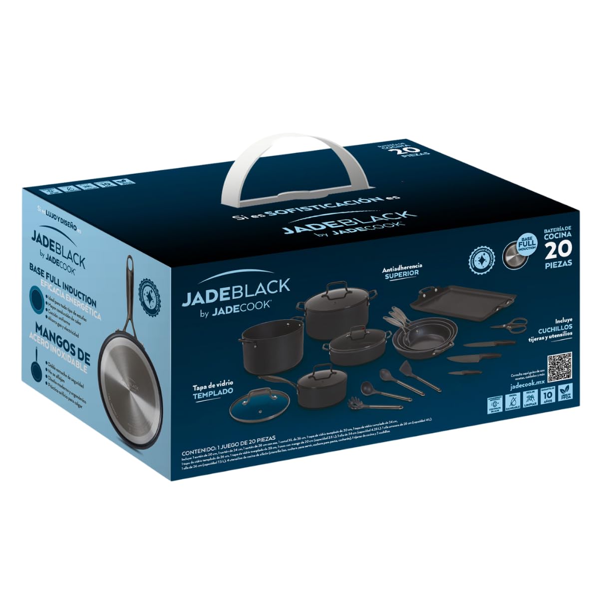 JADE BLACK Batería de Cocina 20 Piezas, Recubrimiento de Polvo de Jade Negro, Base Full Induction, Incluye Sartenes, Ollas y Utensilios