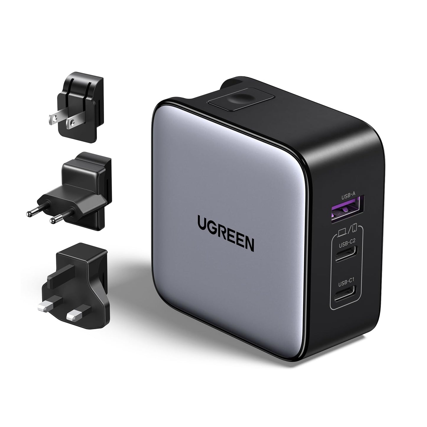 Cargador USB C UGREEN Nexode 65W Blanco con 3 Puertos para Viaje UK/USA/EU