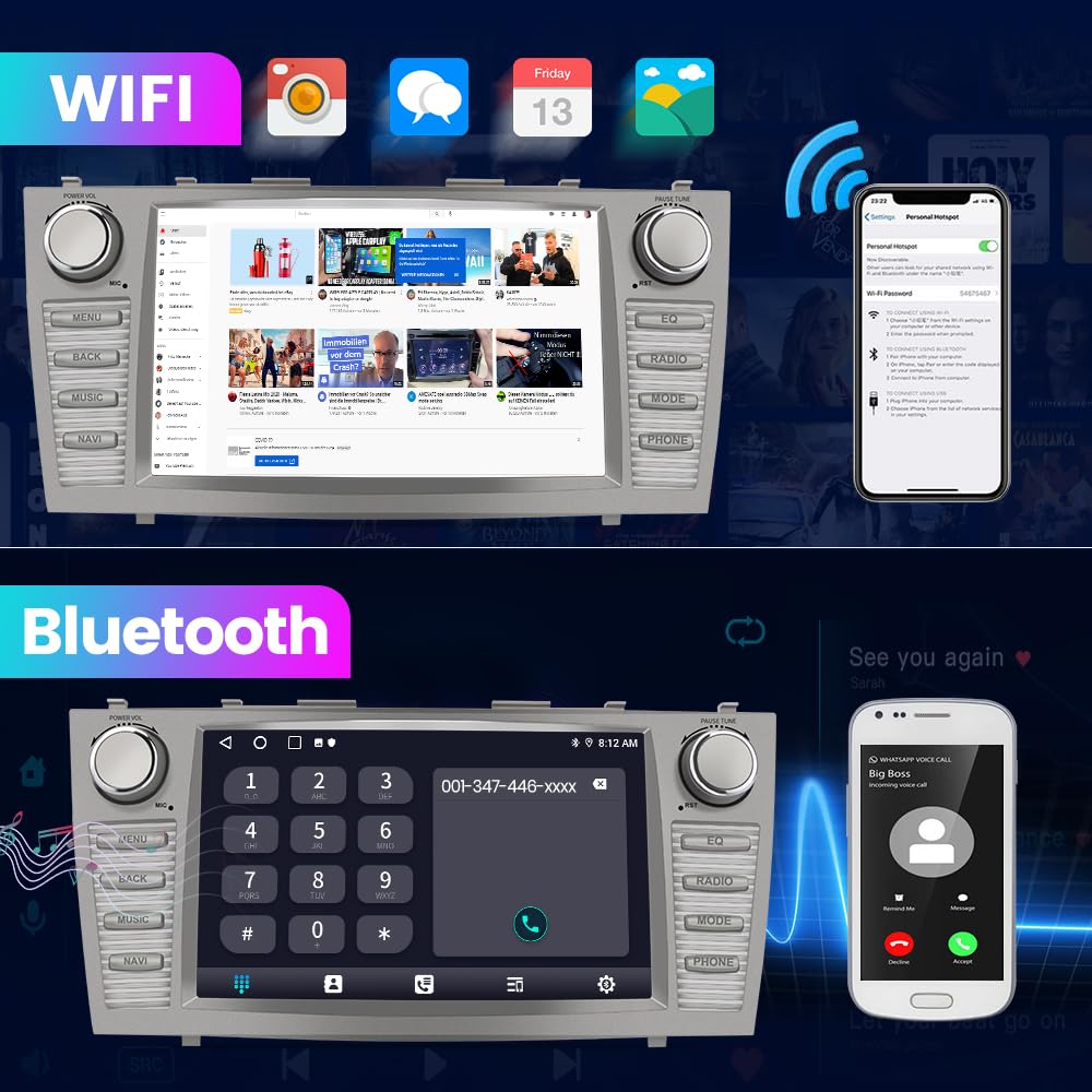 Radio de Coche Android 13 para Toyota Camry 2007-2011 Visualización Táctil 9 Pulgadas 2GB+32GB con Cámara CarPlay Bluetooth WiFi GPS