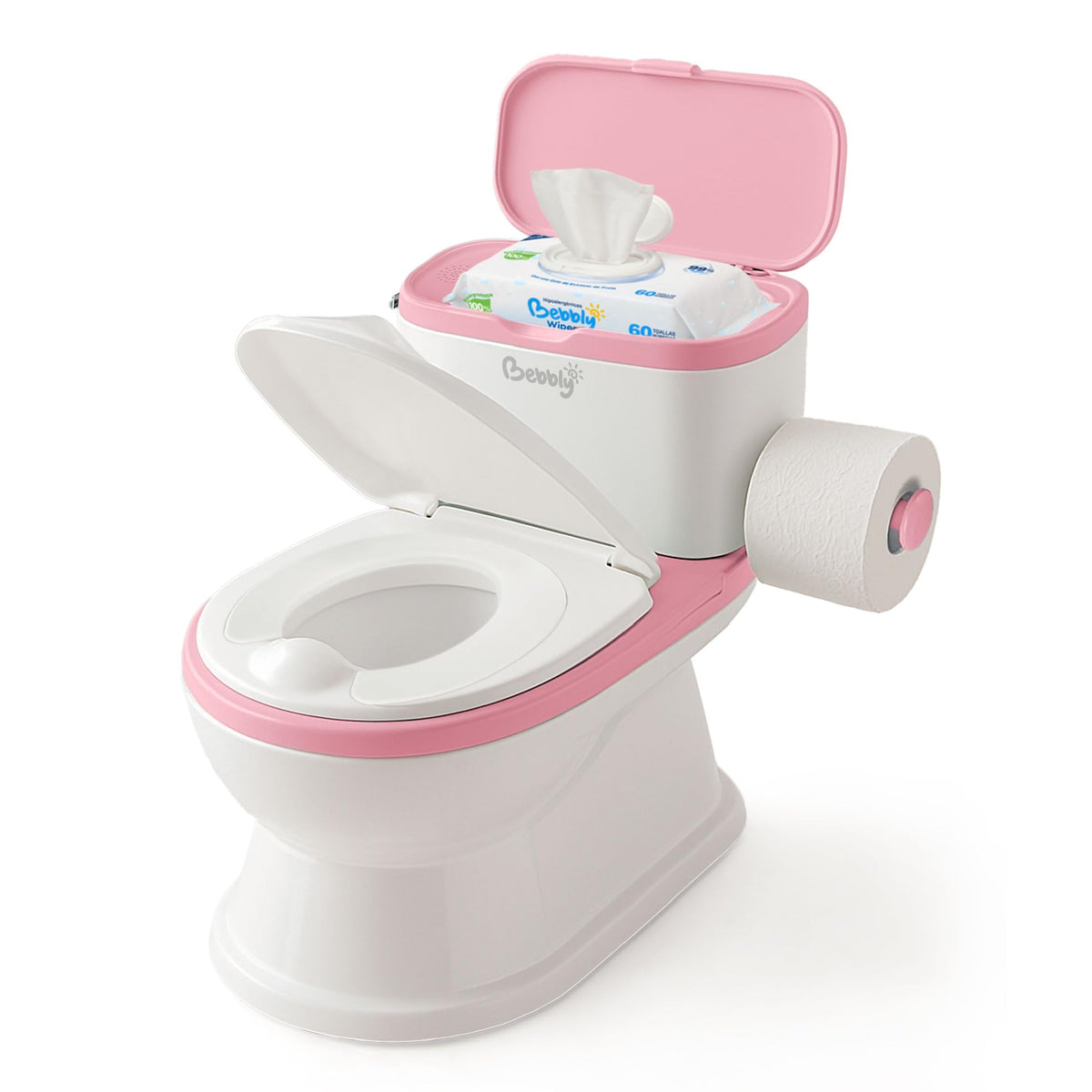 BEBBLY Bañito Entrenador Infantil con Sonido Musical Portarrollo y Almacenamiento Asiento Antiderrapante para Niños y Niñas de 6 Meses a 3 Años Fácil de Limpiar Ideal para Aprender a Ir al Baño (Rosa)