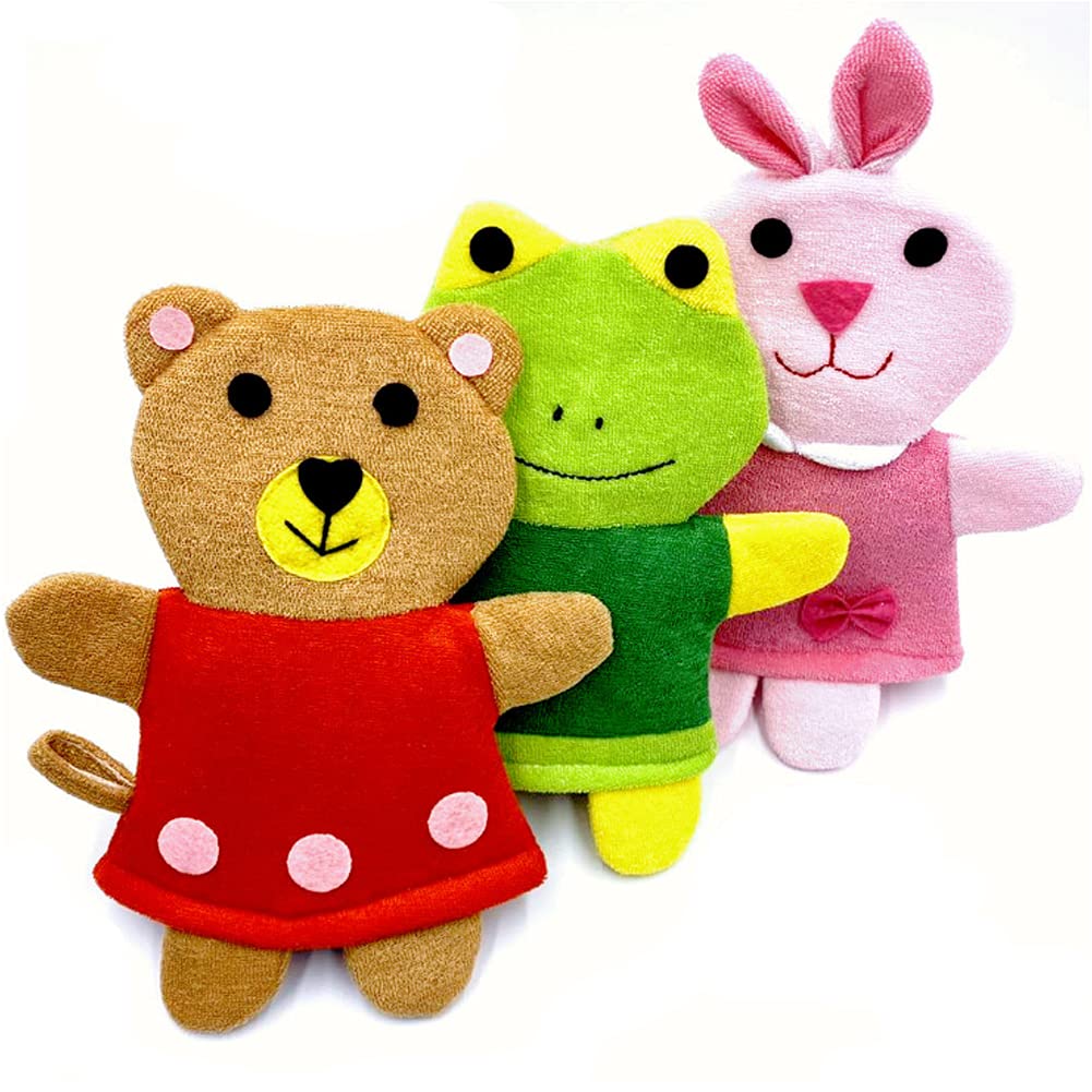 Guante de esponja de baño para niños, paquete de 5 guantes de baño con bonito animal de ducha, lufa, guantes de lavado suave, exfoliante corporal para bebé (3 piezas)