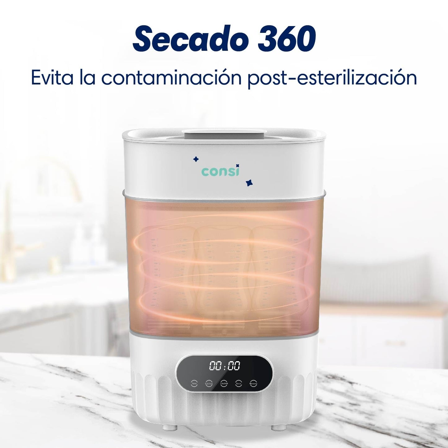 Consi Esterilizador de Biberones y Secador, Accesorios de Bebé (Esteriliza Hasta 8 Biberones), con Panel Táctil, Función de Secado Rápido y Protección Contra Funcionamiento en Seco | ES01