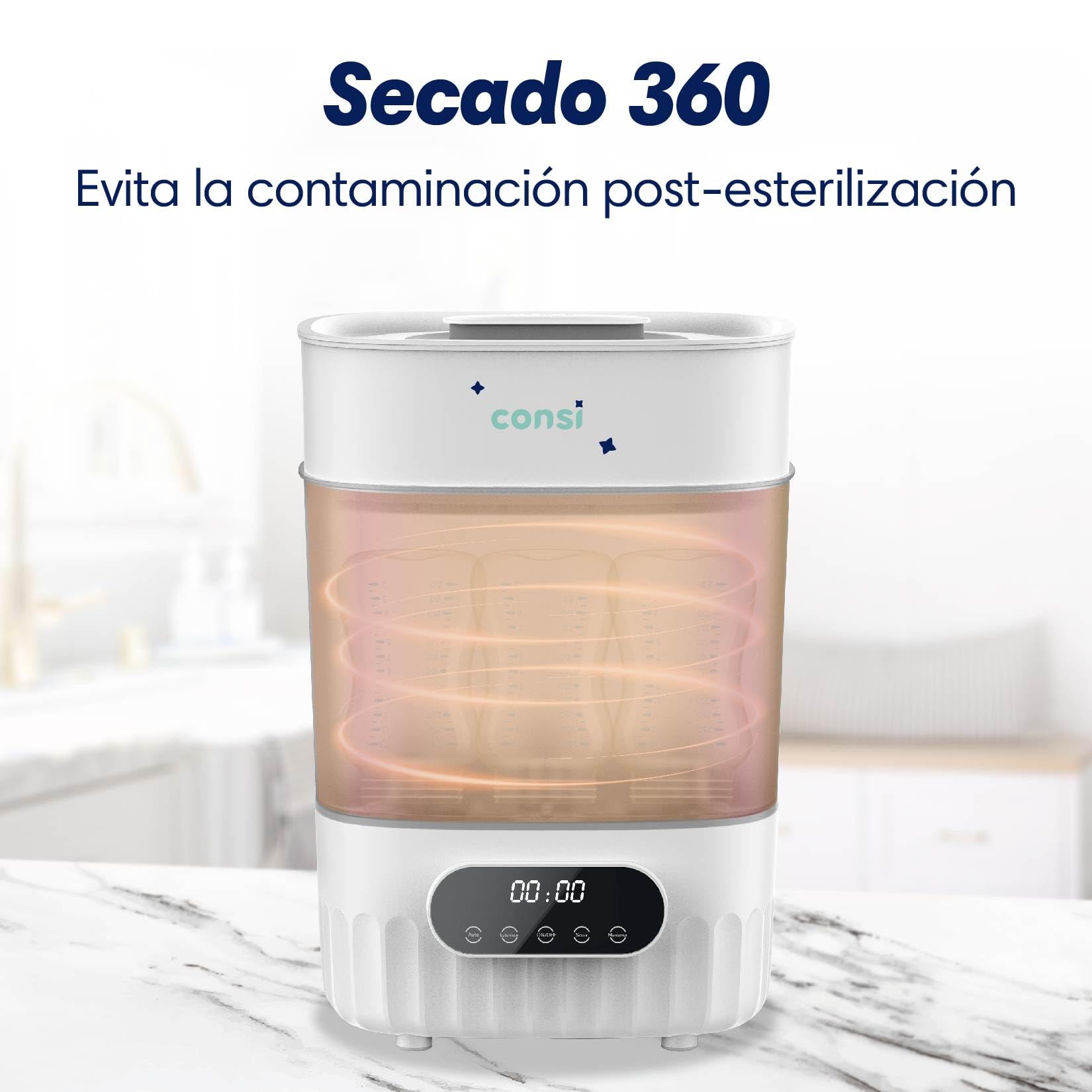 Consi Esterilizador de Biberones y Secador, Accesorios de Bebé (Esteriliza Hasta 8 Biberones), con Panel Táctil, Función de Secado Rápido y Protección Contra Funcionamiento en Seco | ES01