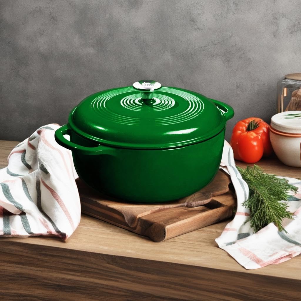 Lodge - Horno holandés de hierro fundido esmaltado de 6 cuartos con tapa, asas dobles, apto para horno hasta 500 °F o en estufa, uso para marinar, cocinar, hornear, refrigerar y servir - Evergreen
