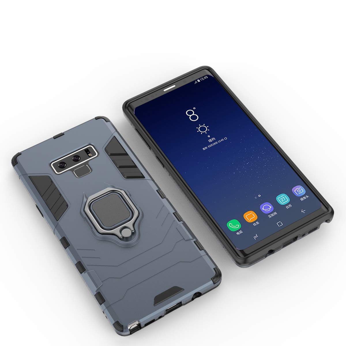 Compatible con Galaxy Note 9 Funda, Anillo Metálico Sujeción Soporte Antichoque Rígido Caja (Funciona con el Montaje de Coche Magnético) Doble Capa Sólido Case Carcasa para Samsung Galaxy Note 9 (Azul Marino)