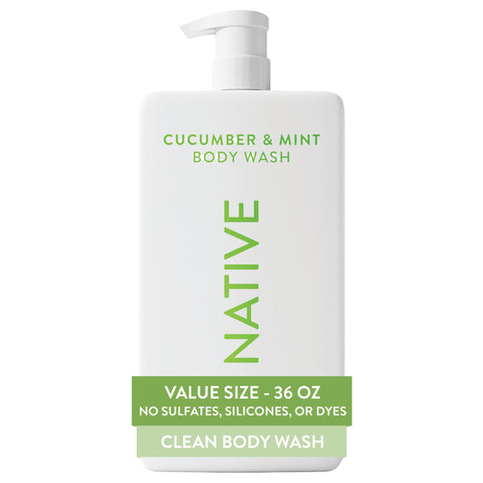 Native Body Wash for Women, Men | Sulfate Free, Paraben Free, Dye Free, with Naturally Derived Clean Ingredients, 36 oz bottle with pump - Pack of 1 (Cucumber & Mint)