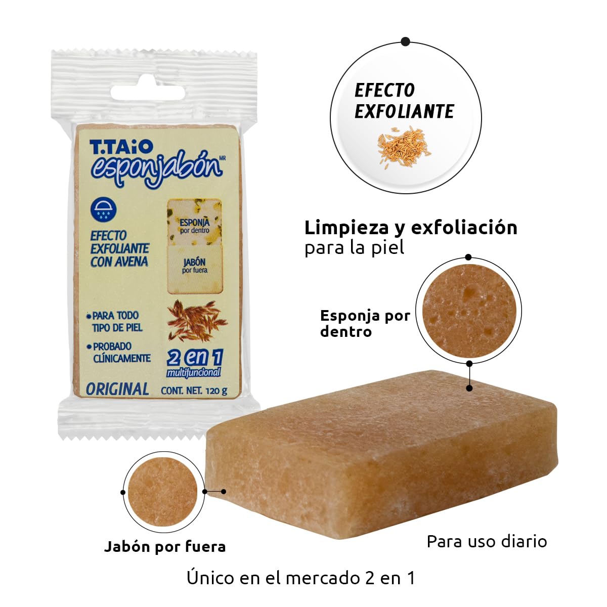 Jabón Corporal con Esponja Integrada 2 en 1, Exfoliación Suave, Aroma Avena, Pack 10 Piezas, ESPONJABON T.TAIO