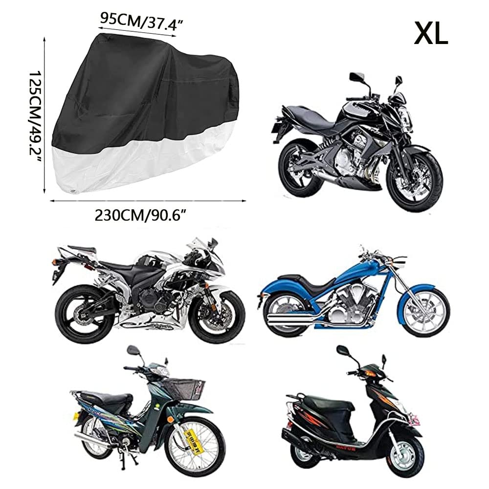 Herpet Funda para Motocicleta Cubierta de Moto Impermeable - Tejido de Poliéster Recubierto 190T, Impermeable A Prueba de UV Agua Lluvia Polvo Viento Nieve 230 x 95 x 125 CM (XL, Negro y Plata)
