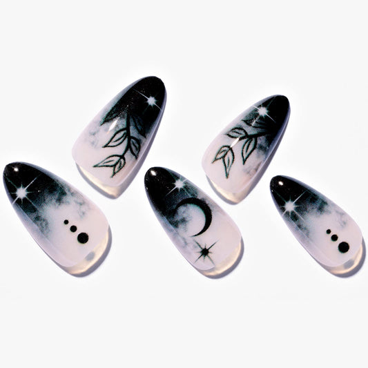 GLAMERMAID Presione En Las Uñas Medio Almendra, Halloween Gótico Negro Ombre Francés Punta Pegamento En Uñas de Gel, 24 Piezas Corto Stiletto Acrílico Uñas Postizas Kits Reutilizables Cubierta Complet