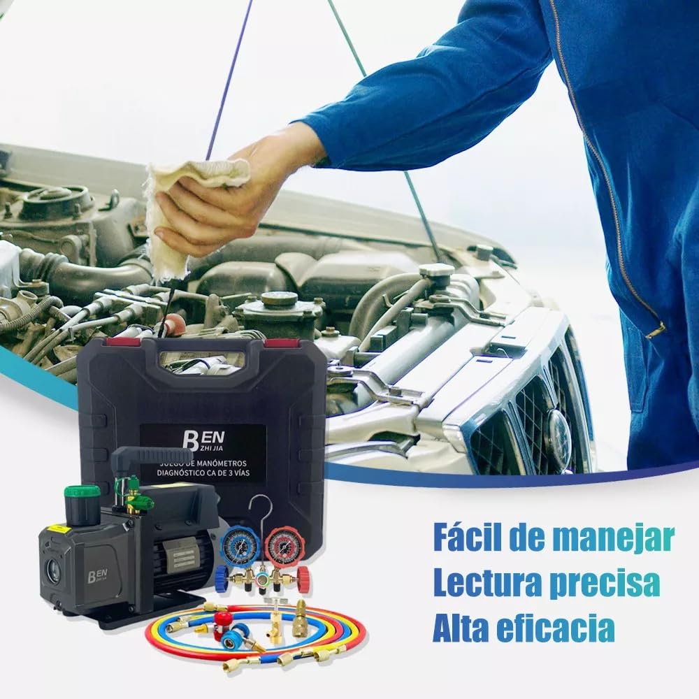 FIXITFAST 5cfm 1/3hp Bomba De Vacío + Manómetro R134a/r22/r410a/r404a juego de manómetros de colector de 4 vías para refrigerantes para refrigeración HVAC A/C recarga y mantenimiento, sin aceite
