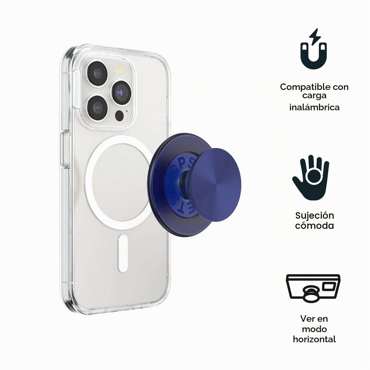 Agarre Redondo para Teléfono PopSockets Azul Marino Compatible MagSafe con Anillo Adaptador y Soporte para Carga Inalámbrica