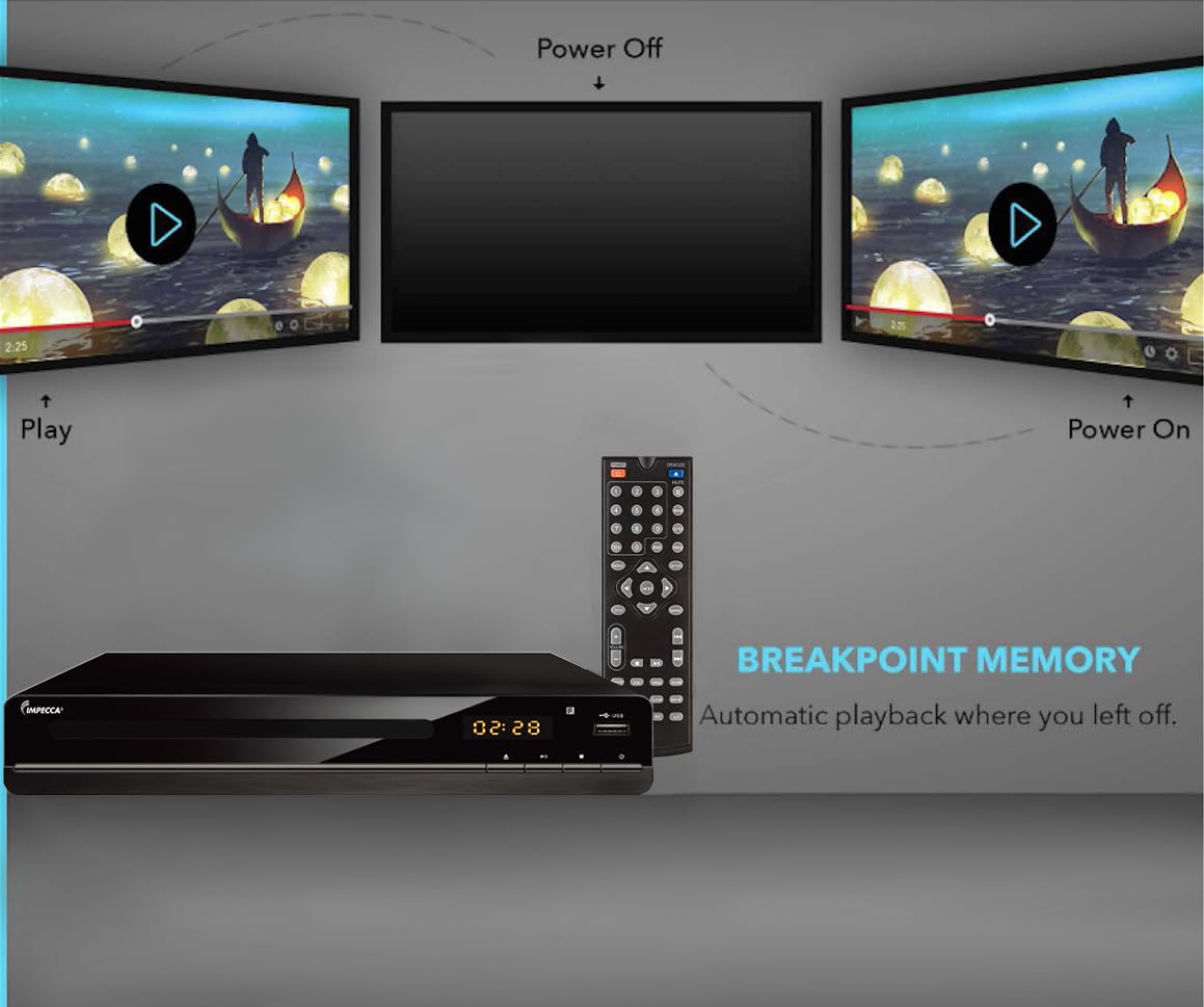 Impecca DVHP9117 Progressive Scan Compact HDMI DVD Player, Upconvert DVDs to 1080p, With LED Display, View Content Via USB Input,