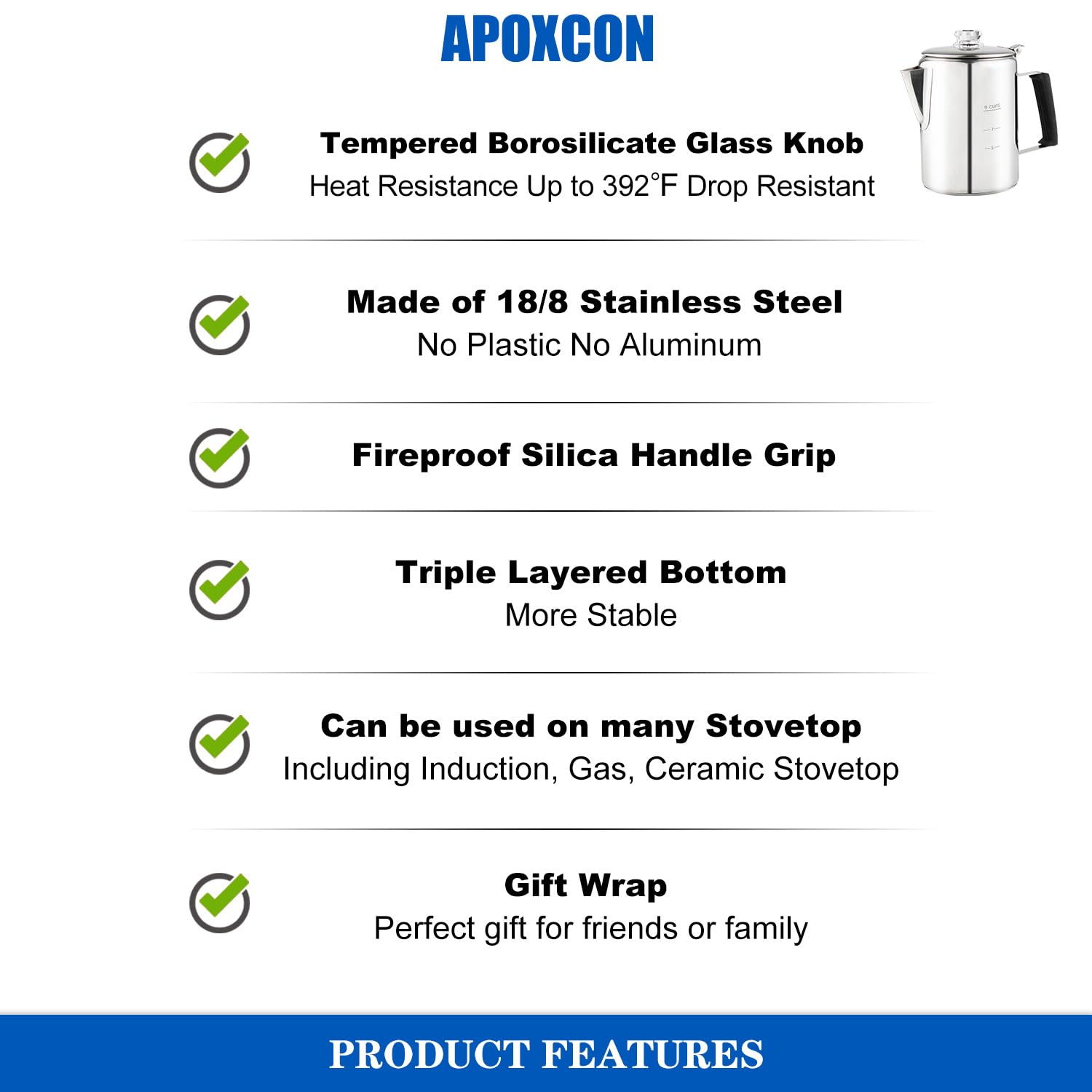 Cafetera APOXCON Plata de Acero Inoxidable con Pomos de Vidrio Borosilicato para Estufa y Camping, 9 Tazas