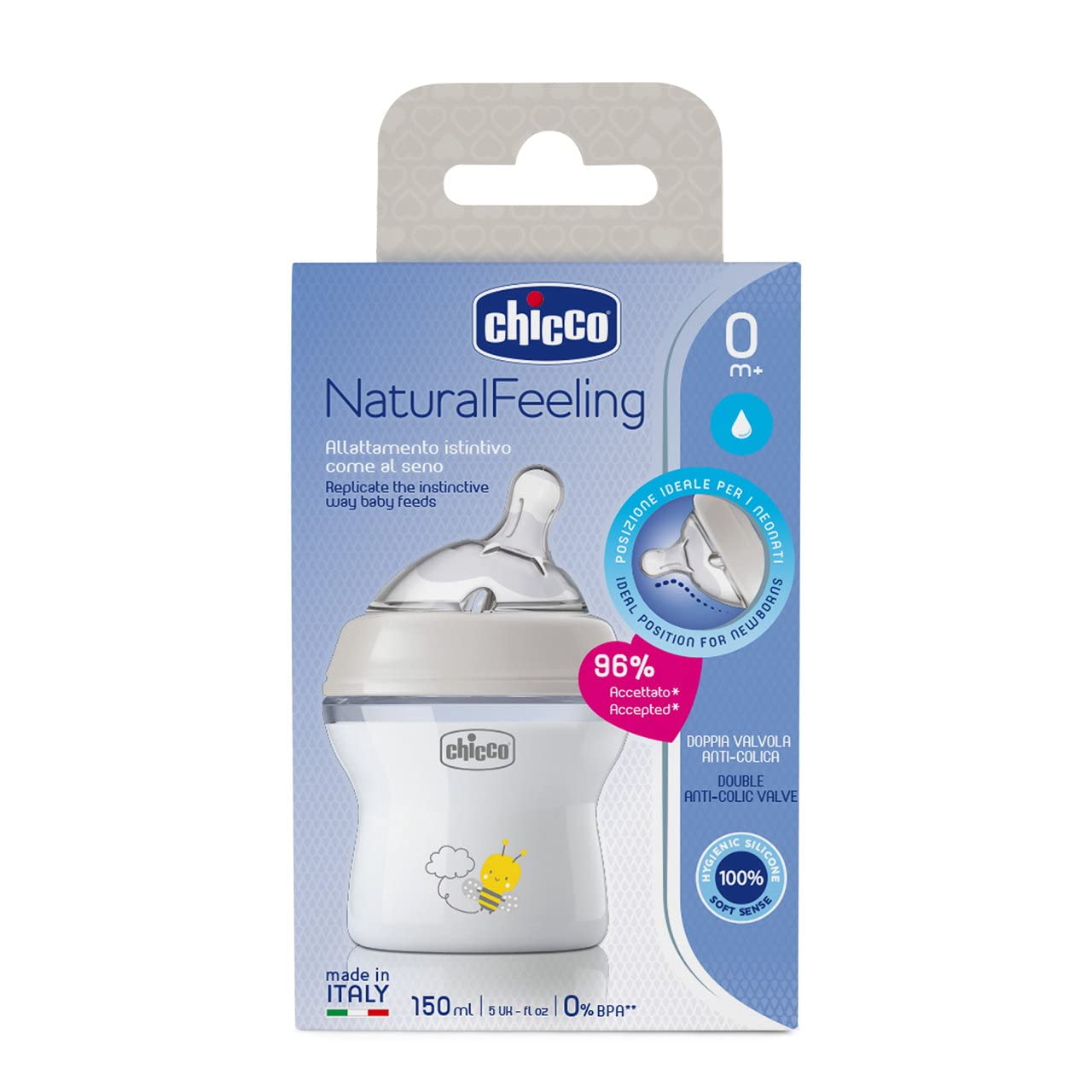 CHICCO, Biberón Natural Feeling, Color Blanco, 150 ml