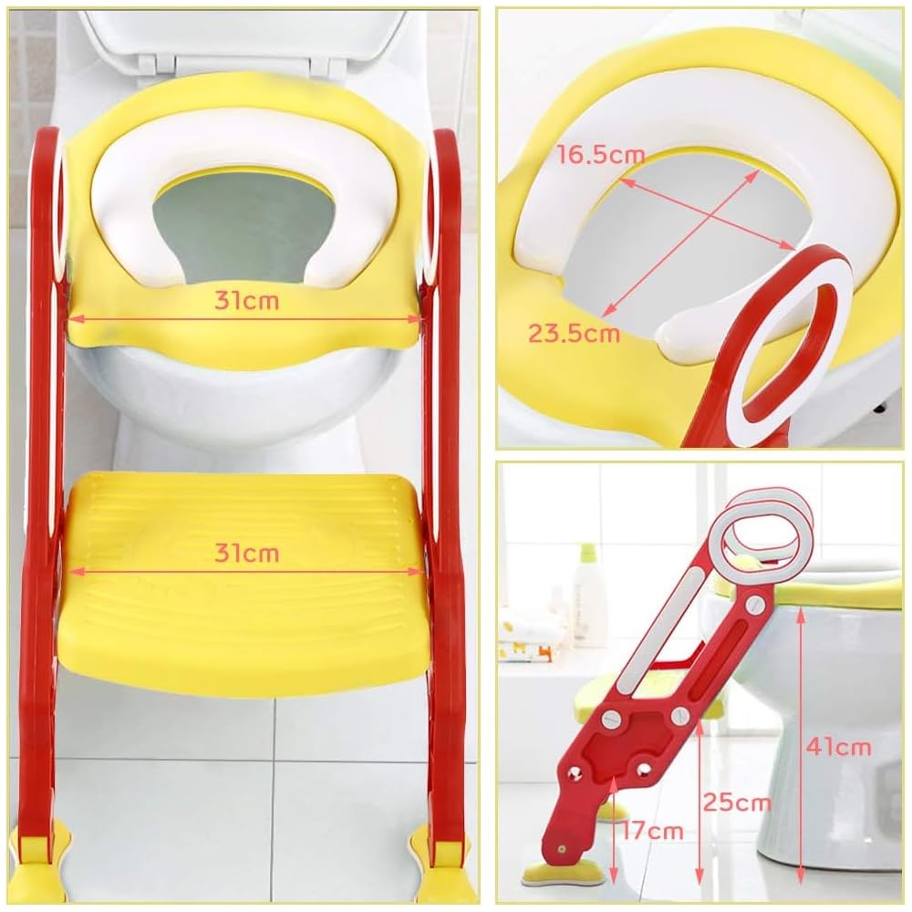 Baño Entrenador Niño, Asiento Entrenador para Baño con Tapizado y Escalera Antideslizante, Plegable Escalera para Baño Niños, Fácil de Guardar, Asiento Ergonómico, Edad de 3 a 10 Años, Rojo Amarillo