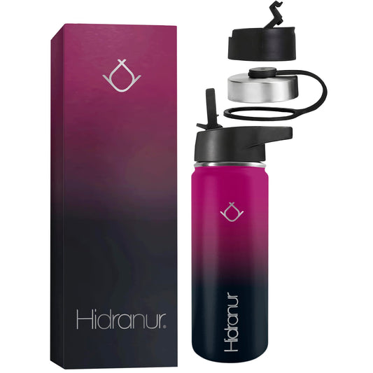 Hidranur Termo de Acero Inoxidable Doble Aislamiento Térmico, Termo Para Café 18 oz (532.32 ml), 3 Tapas Herméticas, 2 Popotes, 24 Hrs de Agua Caliente y Fría (Morado, 18 Oz (532.32 ml))