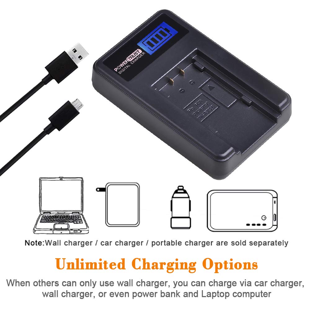 Batería y Cargador USB PowerTrust para Panasonic VW-VBT380 VW-VBT190 Negro