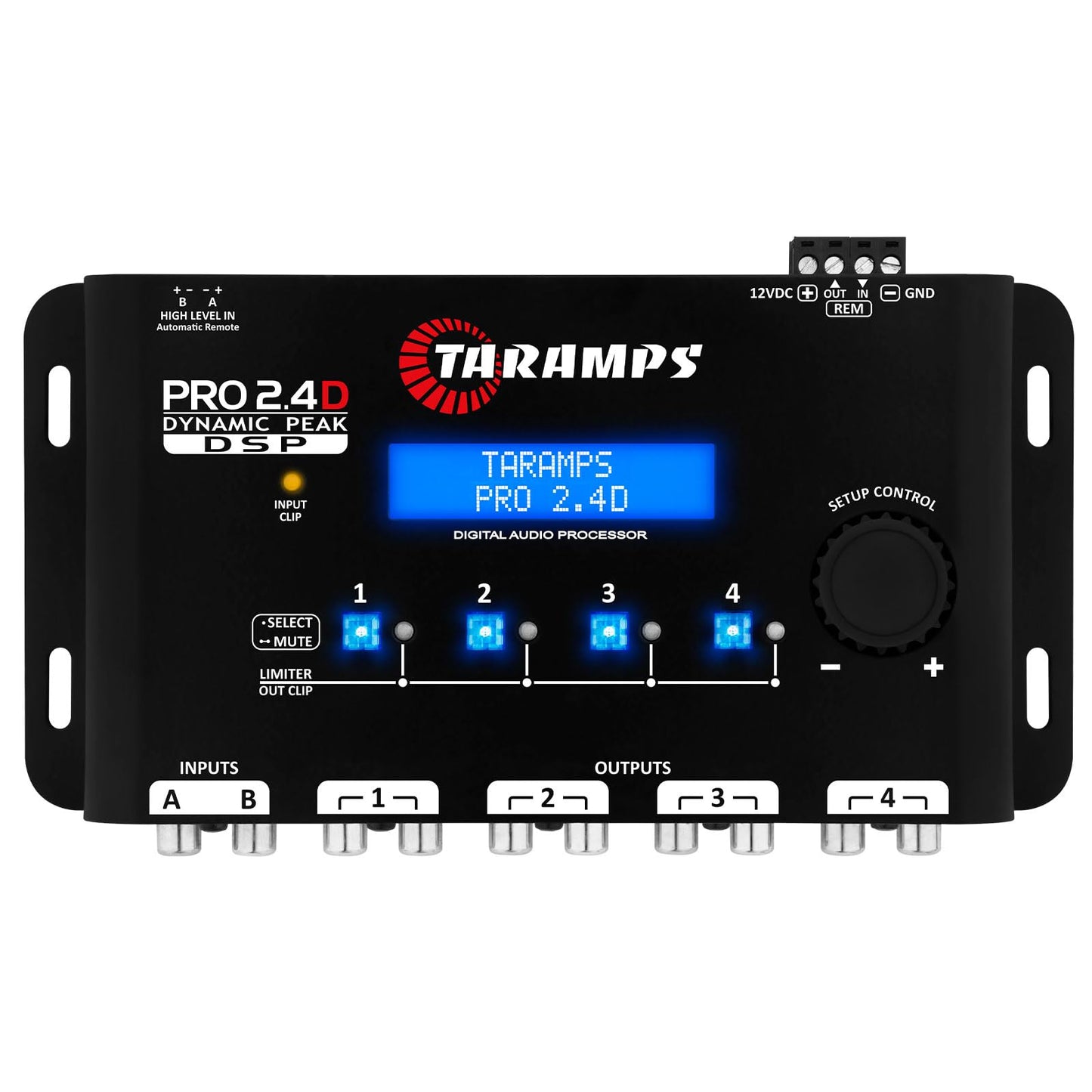 Taramps Pro 2.4D Dynamic Peak DSP Crossover Procesador y ecualizador de audio de coche de señal digital completa, entrada RCA y de alto nivel, salida de 4 canales, entrada de 5 bandas, Eq 12